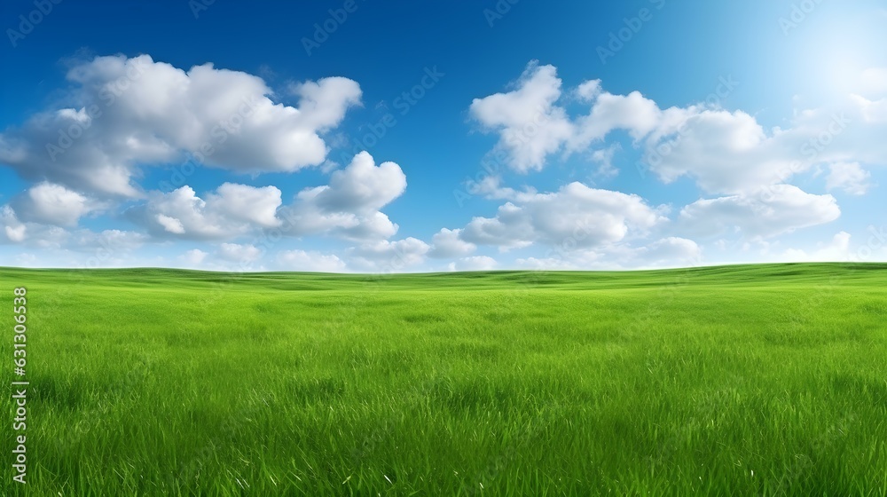 Panoramic View of a beautiful green Field and a Cloudy Sky