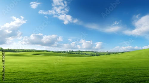 Panoramic View of a beautiful green Field and a Cloudy Sky