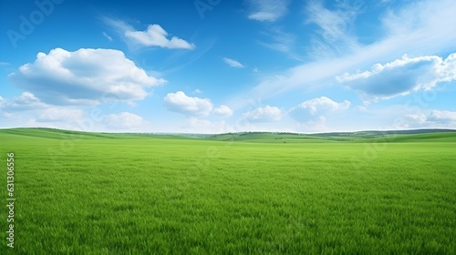 Panoramic View of a beautiful green Field and a Cloudy Sky