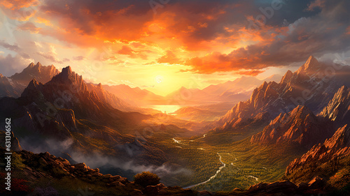 mountain landscape with a beautiful sunset. Generative AI