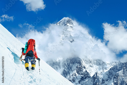Climber reaches the summit of mountain peak. National Park, Nepal.