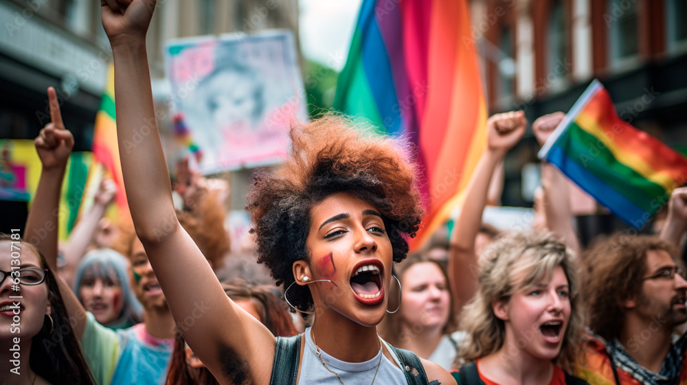 Fototapeta premium group of people with LGBT rainbow parade. Generative AI