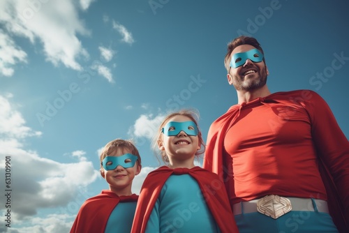 Dad with sons and daughter in superhero costume