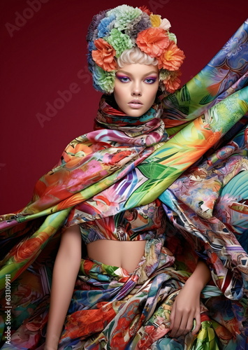 female model wearing an elaborate scarf, colorful outfit, fashion story - AI Generated