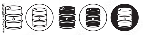 Barrel symbol Icon. Logo mark of crude oil gas storage metal can in industrial use. Flat vector set collection of petrol, diesel gasoline container of petroleum fuel. Outlined web icon of fossil drum