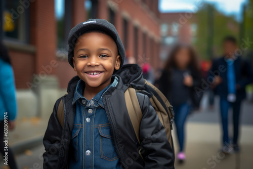 A happy child in black walking into school © olegganko