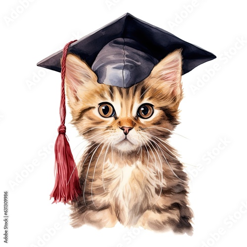 Cute watercolor cat in graduarion cap isolated