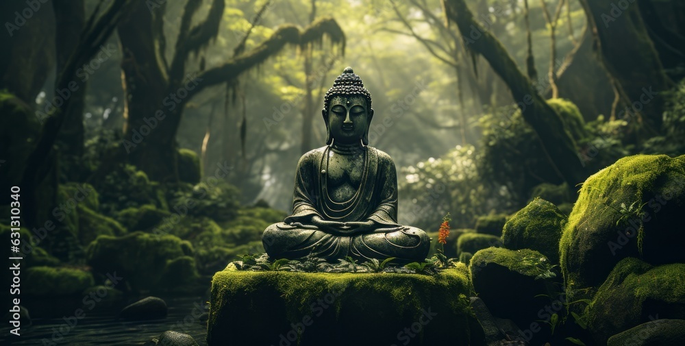 Buddha in a green mystical background