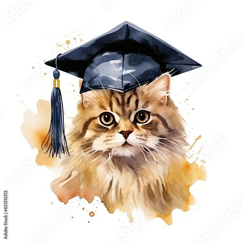 Cute watercolor cat in graduarion cap isolated