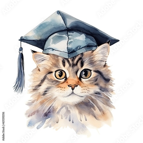 Cute watercolor cat in graduarion cap isolated