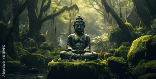 Buddha in a green mystical background photo