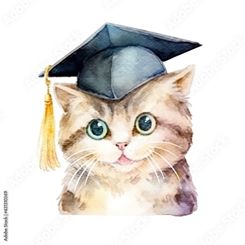Cute watercolor cat in graduarion cap isolated