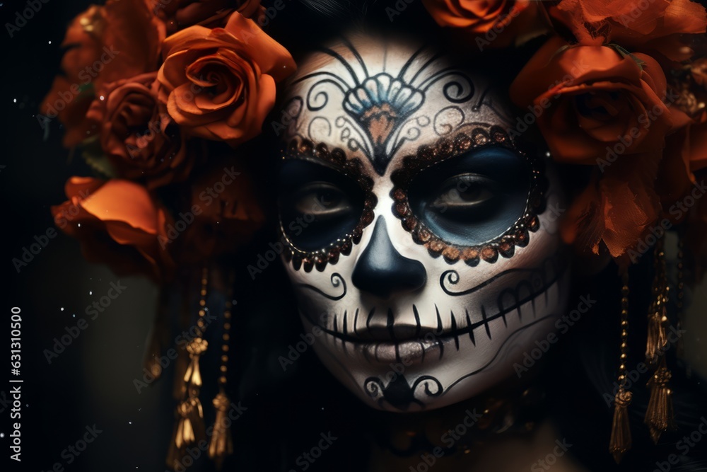 A mexican woman with sugar skull makeup and flowers