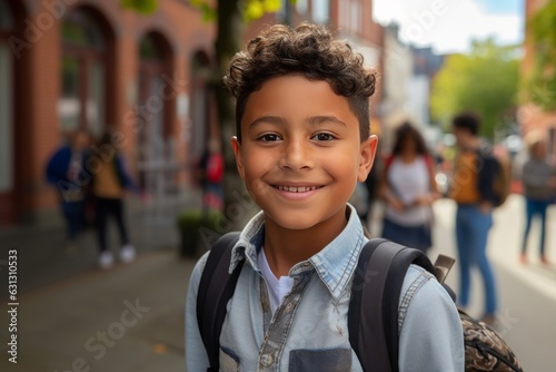 A happy child in black walking into school