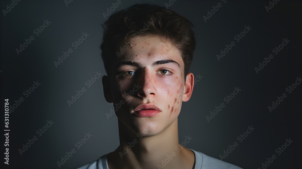Fototapeta premium Portrait of a young man with acne on his face, studio light, hormones