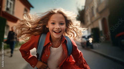 Cheerful young girl running through the street with bag, unicorncore mood, AI Generated photo