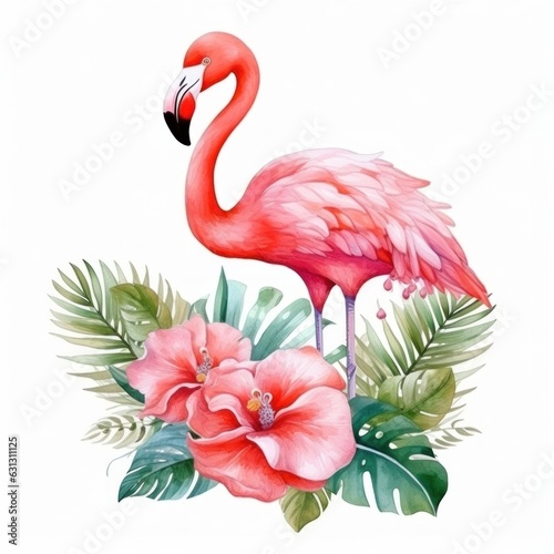 Cute watercolor flamingo with tropical flowers isolated © olegganko