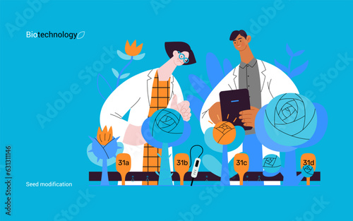 Bio Technology, Seed Modification -modern flat vector concept illustration of scientists analysing genetic modificated variants of a plant. Metaphor of direct impact of GMO on vegetation photo