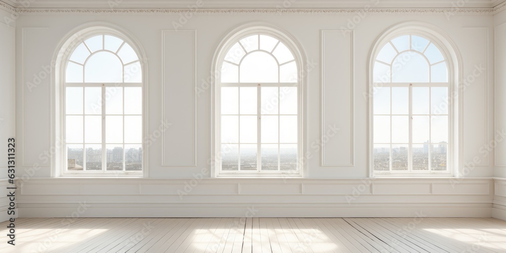 Large white room with beautiful windows. Place for text. Generative AI