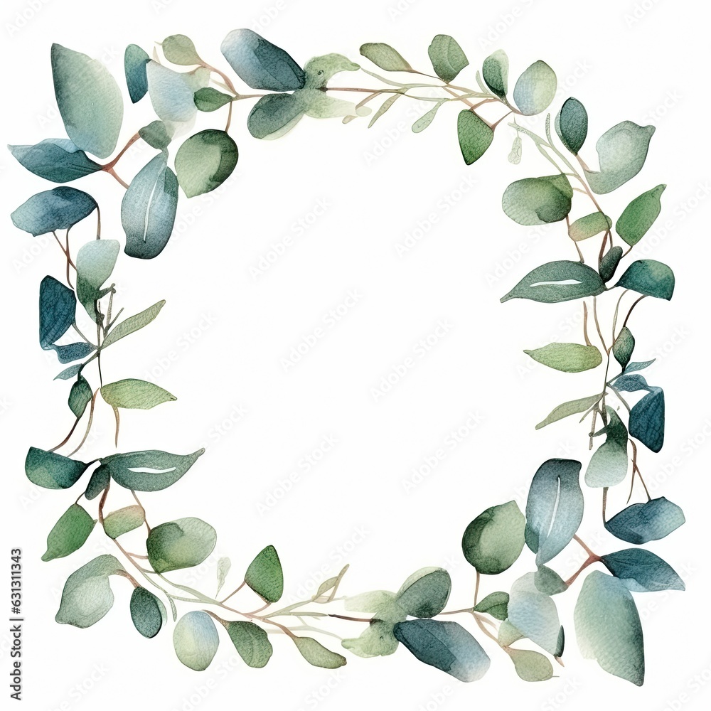 Watercolor eucalyptus leaves frame isolated