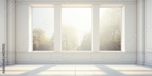 Large empty bright room  with large windows and rays of sun