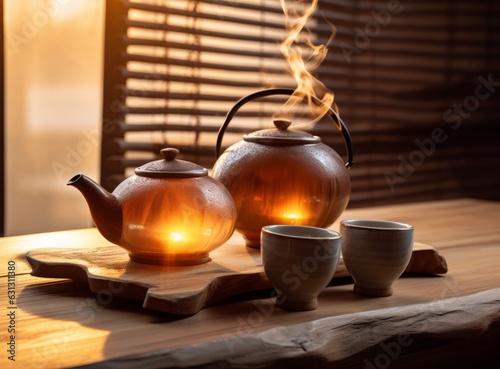 A teapot and other tea items on a wooden table