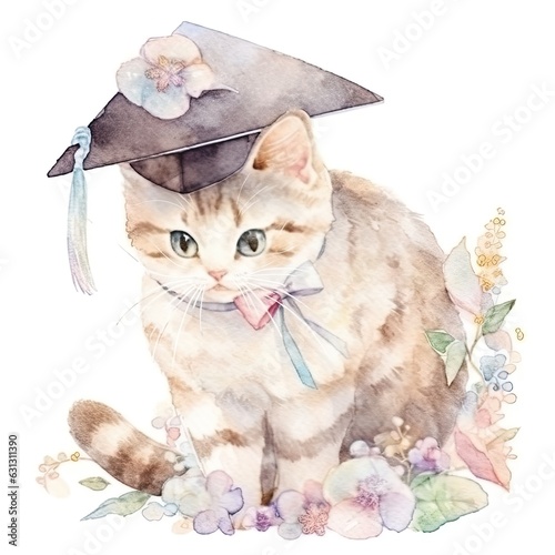 Cute watercolor cat in graduarion cap isolated