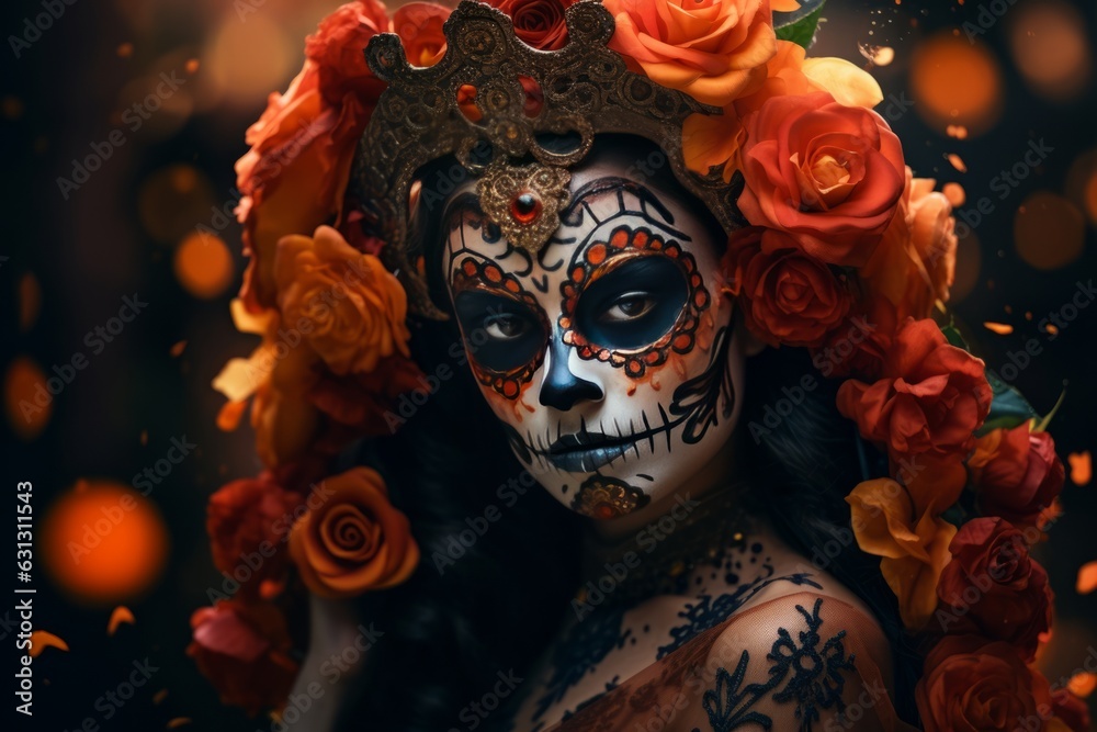 A mexican woman with sugar skull makeup and flowers