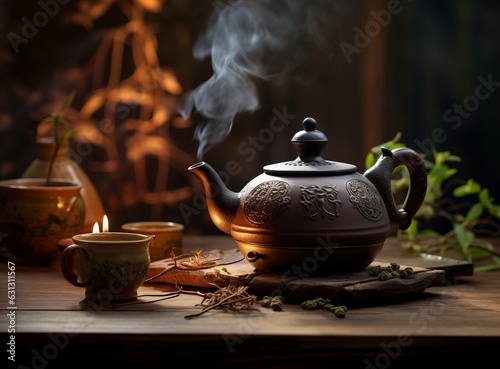 A teapot and other tea items on a wooden table