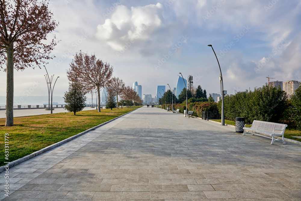 Baku, Azerbaijan, January 2023. View of the business center from the embankment. Baku boulevard.
