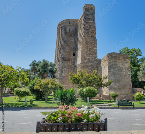 Maiden Tower. Medieval construction of a part of the fortress of the old town. One of the main symbols of the city of Baku. July 2, 2023, Baku, Azerbaijan. photo