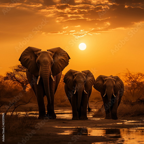 Elephants Walking in the Savanna at Sunset (AI Generated)