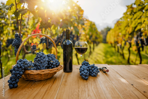 Grapes in basket and  wine bottle on wooden table photo