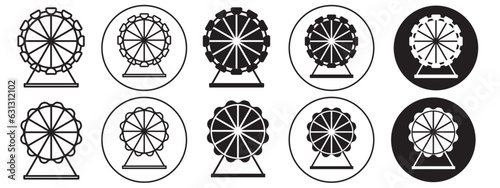 Ferris Wheel symbol Icon sign. Flat outlined vector set collection of roundabout theme park in fun fair for kids and children. Logo of eye prater london carnival outdoor family vacation amusement