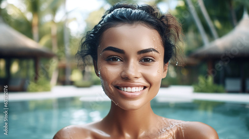 young adult multicultural woman swims in the water at the edge of the pool in the tropical swiming pool, tanned skin tone, dark brunette hair color,