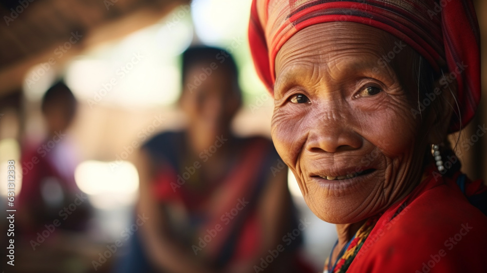 an old woman of old age with bad teeth and age-related wrinkles wears traditional clothes and lives in a rural village in a simple small house, in the background family or neighbors or friends