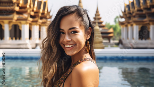 young adult woman 20s visiting thailand and thai buddhist religious temples and temple complex, fictional place, bruntette attractive female tourist, wearing bold tank top, smiling nice and personable