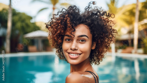 young adult multicultural woman swims in the water at the edge of the pool in the tropical swiming pool, tanned skin tone, dark brunette hair color