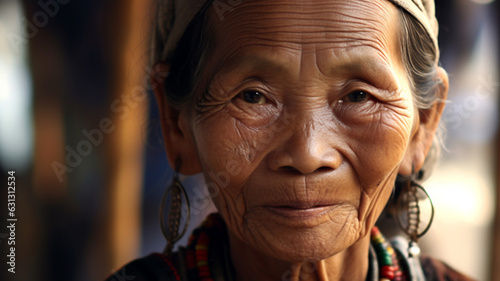 elderly woman, old age grandma, wrinkles on face, crooked crooked teeth, asian or indian or indonesian, closeup, happy and contented and sane, fictional location
