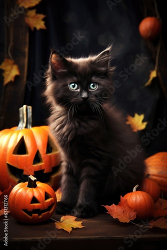 Fluffy cute black kitten with pumpkin jack o lantern on dark background with leaves. Halloween autumn concept. Vertical background with copy space