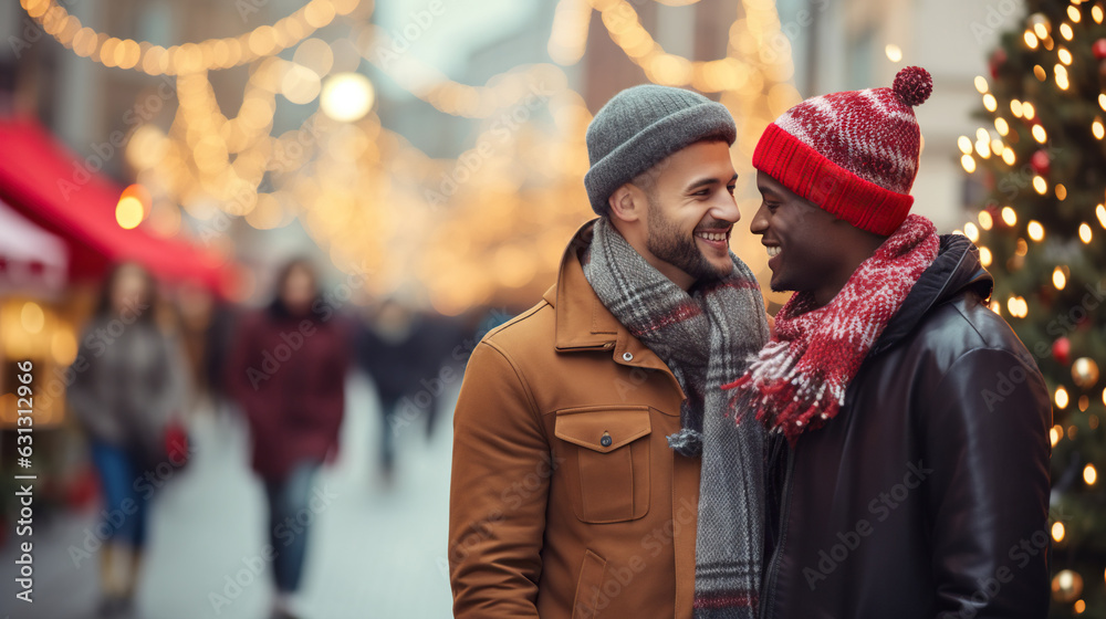 gay couple in santa claus hats on the christmas street	
