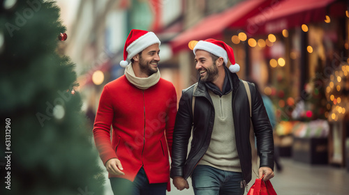 gay couple in santa claus hats on the christmas street 