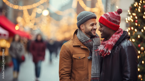 gay couple in santa claus hats on the christmas street 