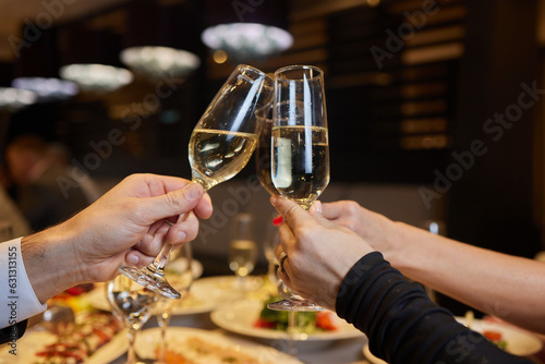Clinking glasses with alcohol and toasting, party.