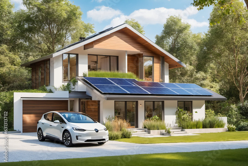 Modernes energiesparendes Einfamilienhaus mit Solaranlage auf dem Hausdach und Elektroauto in der Einfahrt. photo
