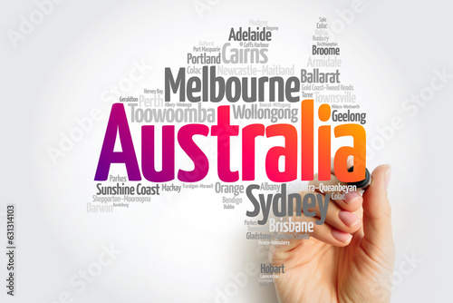 List of cities and towns in Australia, map word cloud, business and travel concept background © dizain