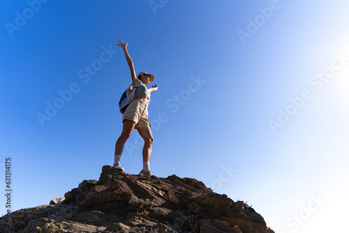tourist girl with a backpack on her back in the summer stands on top of a mountain