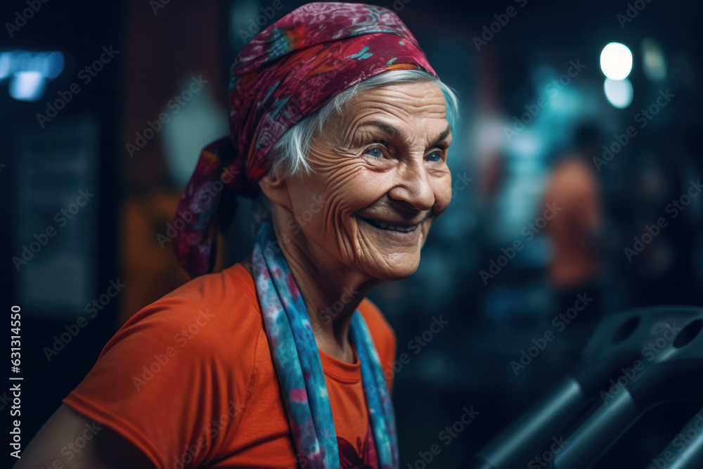 An elderly woman with a smile on her face and a colorful vibrant clothes is happy in the gym, aerobics, the concept of taking care of health and a happy life for seniors. Generative AI.