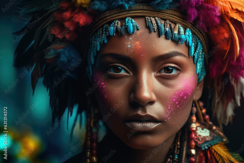A beautiful woman's face is framed by an indigenous-style hat, adorned with feathers and beads. Her features are striking, with high cheekbones, full lips, and expressive eyes. Generative AI, AI.