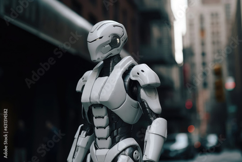 Humanoid white robots against the background of a huge city, among people, the concept of technology development, robotic help to people. Generative AI. © Sebastian